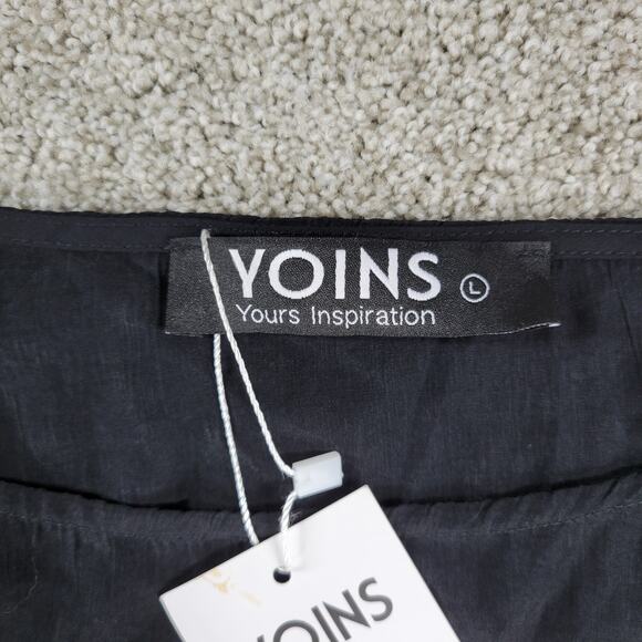 Yoins Womens Wrap Dress Large Black Tie Crewneck Short Sleeve Ruched Mini NEW - Picture 2 of 16